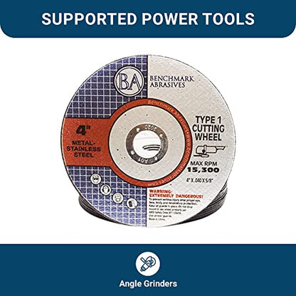 Benchmark Abrasives 4" Type 1 Aluminum Oxide Thin Cut Off Wheel 0.040" Thick 5/8" Arbor, Aggressive Metal Cutting Grinding Wheel for Stainless Steel, Cast Iron, Angle Grinder Discs - 25 Pack