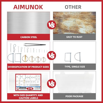 AMUNOK 279Pcs Heavy Duty Carbon Steel Pin Assortment, Hitch Lock & R-Clip - size: 18 Sizes