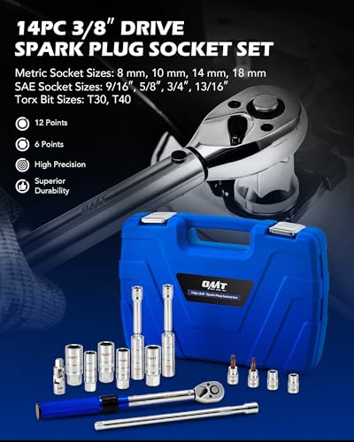OMT 14pc Spark Plug Socket Set, 3/8" Drive 5-45 Ft.Lb Torque Wrench - size: 14pc Advanced Set