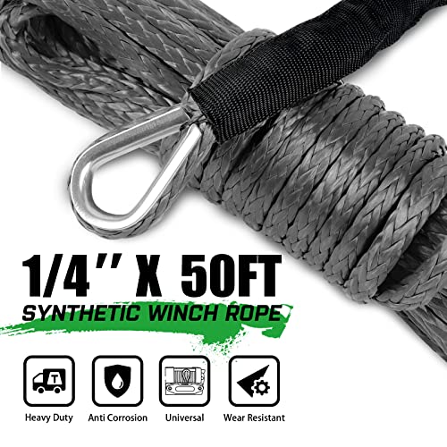 1/4’’ x 50ft Synthetic Winch Rope 10,000lbs Winch Line Cable with Black Protecting Sleeve for ATV UTV Boat Ramsey Synthetic Winch Rope(Gray) - color: Black, size: 1/4 Inch x 50 Feet,without hook