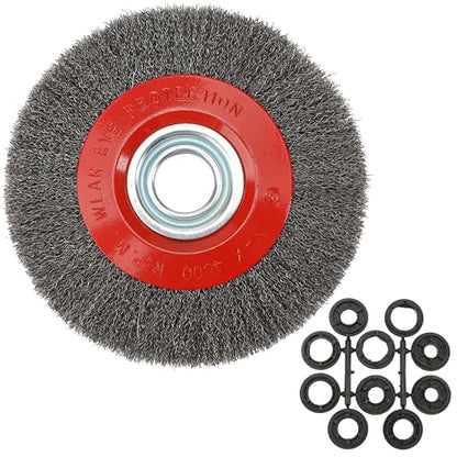 8 Inch Wire Wheel for Bench Grinder, Crimped Carbon Steel Round Brush with 1/2" 5/8" 3/4" 7/8" 1" Spacer Arbors, 0.012" Wire, for Paint Rust Removal Deburring Descaling Polishing Finishing Grinding