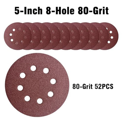 52 Pack 5 Inch 8-Hole Hook and Loop Sanding Discs Sandpaper Red Round 80 Grit Sandpaper for Random Orbital Sander - style: 80 Grit 52-Pack