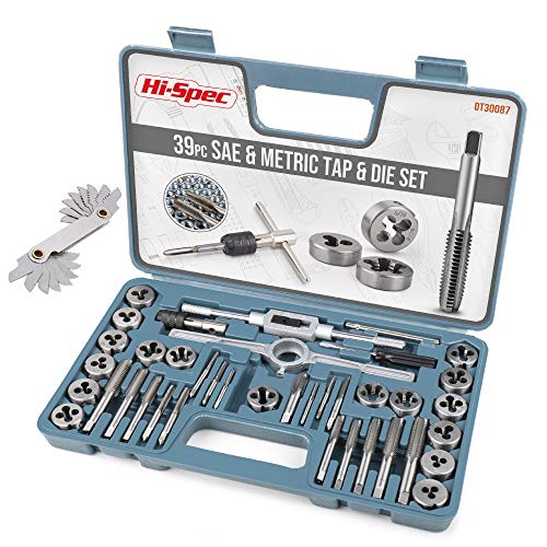 Hi-Spec 39 Piece SAE & Metric Tap & Die Set. Complete M3 to M12 / #4 to 1/2in Fine & Coarse Tools to Cut, Chase and Thread with Screw Pitch Gauge in a Tray Case - size: 39 Piece SAE & Metric