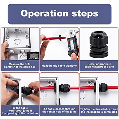 60 Pack Cable Glands Waterproof Adjustable 7/64”-5/8” (3mm-16mm), Black Nylon Joints with Gaskets, Cable Strain Relief Cord Connector Kit, Pg 7, Pg 9, Pg11, Pg 13.5, Pg16, Pg19