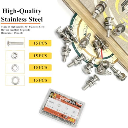 15 Sets 1/4"-20 x1-1/4 Carriage Bolts Round Head Square Neck Screws with Hex Nuts Flat Washers Spring Lock Washers 304 Stainless Steel Full Thread Coverage Square Neck Bolts Assortment Kit - size: 1/4"-20 x1-1/4"-15 Sets