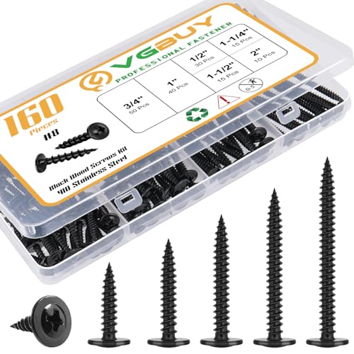 VGBUY 160Pcs #8 Modified Truss Head Wood Screws Assortment Kit, Stainless Steel 410 Quick Metal,Black Zinc Plated,Self Tapping Screws, 6 Sizes (1/2", 3/4", 1", 1-1/4", 1-1/2", 2") - color: Black