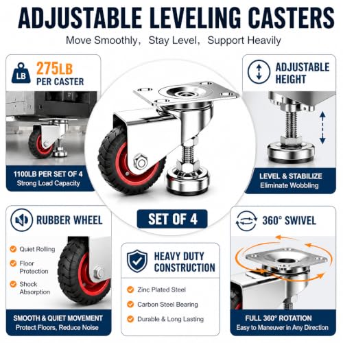 4" Leveling Plate Caster Wheels,Set of 4 Heavy Duty,1800Lbs Capacity - size: 4IN