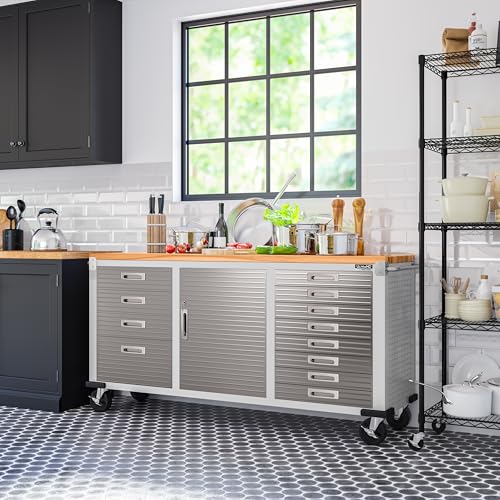 Seville Classics UltraHD Heavy Duty Rolling Cabinet Workbench Table w/Solid Wood Top, Workstation for Garage, Warehouse, Office, Workshop, 77" W x 20" D x 37.5" H, Granite, 12-Drawer - color: Granite, size: 12-Drawer