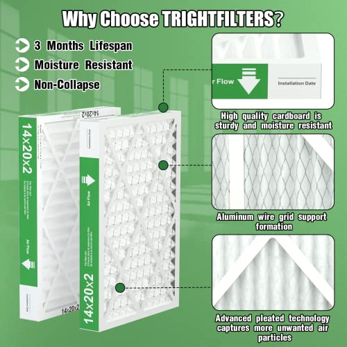 14x20x2 Air Filter TRIGHTFILTERS, Durable MERV 8 Pleated Home HVAC AC Furnace Heater Filters Replacement, Lightweight Compact Air Conditioner Filters 4 Pack - size: 19.6" x 13.6" x 1.8"