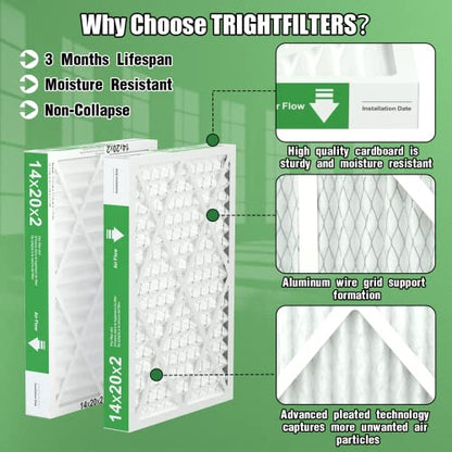 14x20x2 Air Filter TRIGHTFILTERS, Durable MERV 8 Pleated Home HVAC AC Furnace Heater Filters Replacement, Lightweight Compact Air Conditioner Filters 4 Pack - size: 19.6" x 13.6" x 1.8"