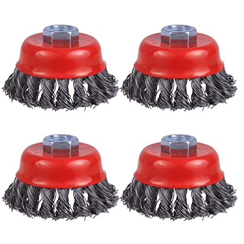 Wire Cup Brush for Angle Grinder, 4 Pack 3 inch Twisted Knotted Wire Brush for Grinders, 5/8 Inch-11 Threaded Arbor, for Heavy Cleaning Rust, Stripping and Abrasive