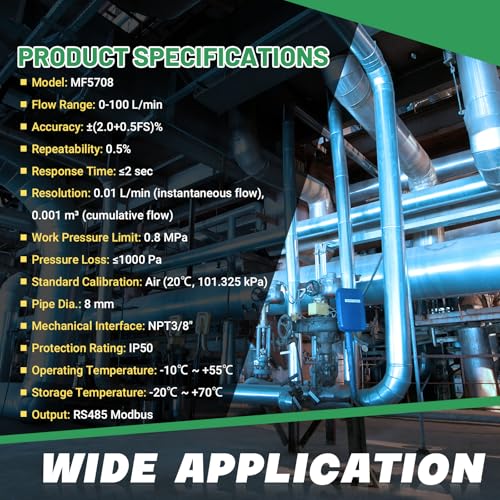 3/8" NPT Portable Digital Thermal Mass Flow Meter for Compressed Air, Nitrogen, Oxygen - 0-100L/min High Accuracy Flow Meter with LCD & RS485 Modbus (MF5708) - size: 3/8" NPT (MF5708)