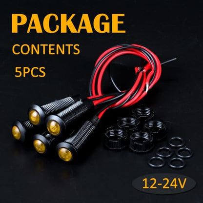 5pcs 8mm LED Indicator Light Plastic Black Signal Dot Lamp 12V-24V 5/16" Mounting Hole Size with 15cm/5.9in. Wire (Yellow LED) - color: Yellow, size: 8mm 12-24V