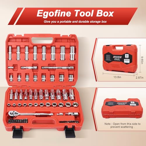 Egofine 3/8" Drive Socket Set, 76 PCS Ratchet Wrenches Set, Standard and Deep Metric (8 to 19mm)/SAE (5/16 to 3/4 inch) Size, with 72-Tooth Ratchet for Auto Repairing and Household, with Storage Case - color: Red, size: 3/8" 76 PCS with 72 Teeth Ratchet