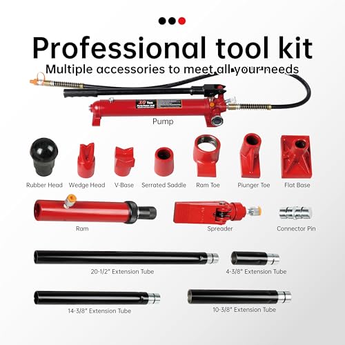 10 Ton (20,000 lbs Capacity) Porta Power Jack Hydraulic Ram Auto Body Frame Collision Repair Kit Set, 16-Pcs, with Blow Mold Carrying Case for Cars, Trucks, SUVs & More - size: 10 Ton without gauge