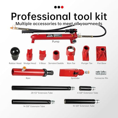 10 Ton (20,000 lbs Capacity) Porta Power Jack Hydraulic Ram Auto Body Frame Collision Repair Kit Set, 16-Pcs, with Blow Mold Carrying Case for Cars, Trucks, SUVs & More - size: 10 Ton without gauge