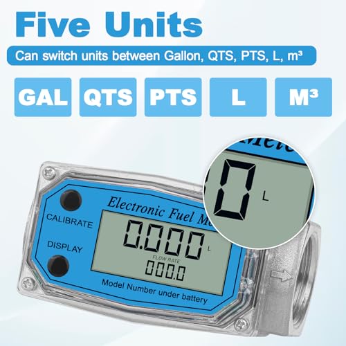 1" 2.6-26 GPM Inline NPT Thread Flowmeter, Digital Turbine Fuel Flow Meter, for Water, Diesel, Gas Oil, Gasoline, and Other Liquids - Supports Gallon, QTS, PTS, L, m³ with 3/4 in Adapters - size: 1 inch & 3/4 inch