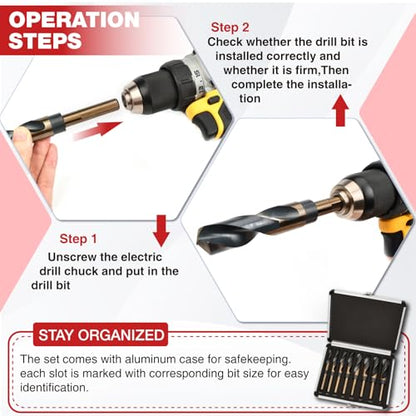 ANGELSWORD 8 pcs Reduced Shank Drill Bit for Hard Wood, Mild Steel, Metal - size: A. 9/16-1 inch