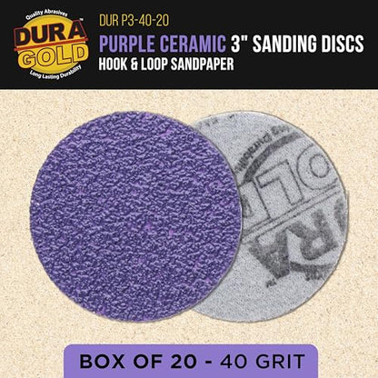 Dura-Gold Premium 40 Grit 3" Purple Film Ceramic Sanding Discs, Box of 20 - style: 40 Grit