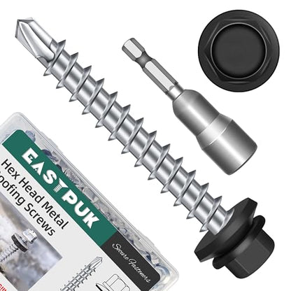 100-pack #10 x 1-1/2 Hex Head Self-Drilling Metal Roofing Screws with EPDM Washer, Black Coated Wood Screws, Self Tapping Sheet Metal Roof Screws (Diamond Point) - color: Black, size: #10 x 1-1/2"