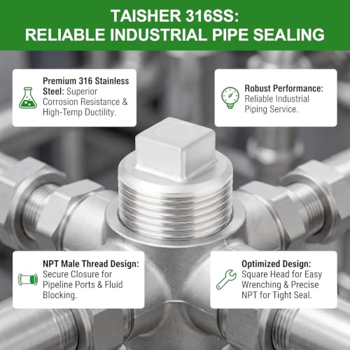 TAISHER 2Pcs 316 SS Cast Square Head 1-1/4"NPT Male Socket Pipe Plug - size: 1-1/4"MNPT(316 Plug)