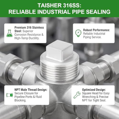 TAISHER 2Pcs 316 SS Cast Square Head 1-1/4"NPT Male Socket Pipe Plug - size: 1-1/4"MNPT(316 Plug)