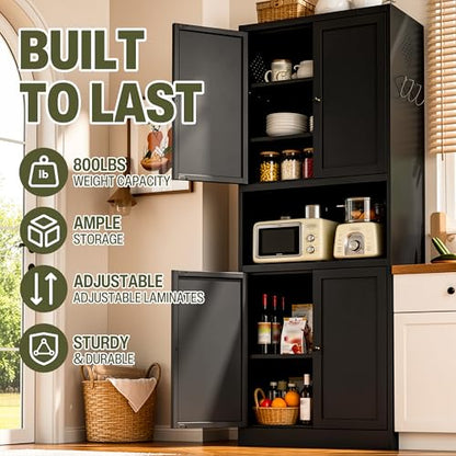 AQY Metal Pantry Cabinet, 72" Black Kitchen Storage Cabinet with Doors - color: Black, style: H72" - 4 Doors Wire Hole Hooks & Vents