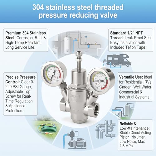 MEANLIN MEASURE 1/2" Piston Water Pressure Reducing Valve, DN15, 304 Stainless Steel Adjustable Pressure Regulator with Dual 0-220 PSI Gauges, for Home Plumbing, Industrial Water Pipe System