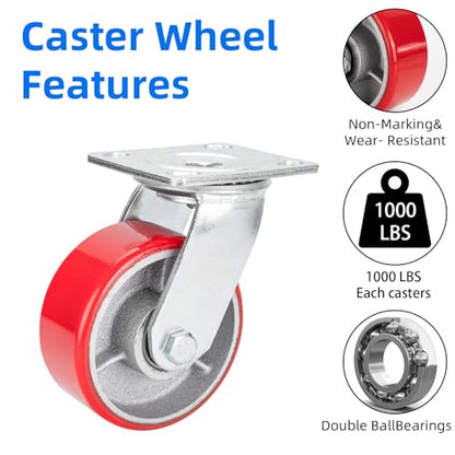 Nefish 5 Inch Industrial Grade Casters Wheels, 2 Pack Heavy Duty Swivel Casters, No Noise Polyurethane Wheel on Steel Hub, 1000 Lbs Load Capacity Per Swivel Casters for Machine, Equipment - size: 5 IN （Swivel）