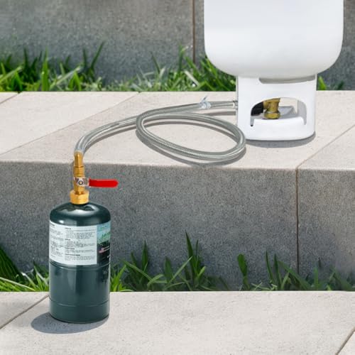 Propane Adapter for 1 lb. Tanks with Tank Gauge & Control Valve, 3 FT Propane Refill Stainless Steel Hose with 4 Bottle Caps, Fill 1 Pound Bottles from 5-40lb Tank