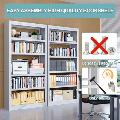 Bookshelf,6-Tier Adjustable Steel Book Shelf,61" H Heavy Duty Metal Bookcase for Home/Office/Garage,White Shelf (White, 61" Tall) - color: White, size: 61"H*27.5"W