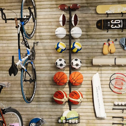 8 Tier Detachable Wall Mounted Basketball Rack, Vertical/Horizontal Football Holder, Holds 14 Balls DIY 1/2/3/4 Soccer Stand, Height-Adjustable Ball Rack with Basket for Garage, Tool Room, Metal-Black