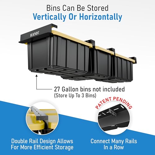 USA Based Overhead Garage Storage Rack, Connectable Heavy Duty Metal Ceiling Rails Garage Storage Organization Shelving System, Hanging Racks Tote Containers, Supports Up To 3 Bins, 2 Sets Black - color: Black, size: 3 Bins