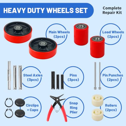 Complete Pallet Jack Wheels Replacement Kit with Axles, Red PU,Heavy-Duty - color: Red, size: 7" X 2" & 3.75" X 3"