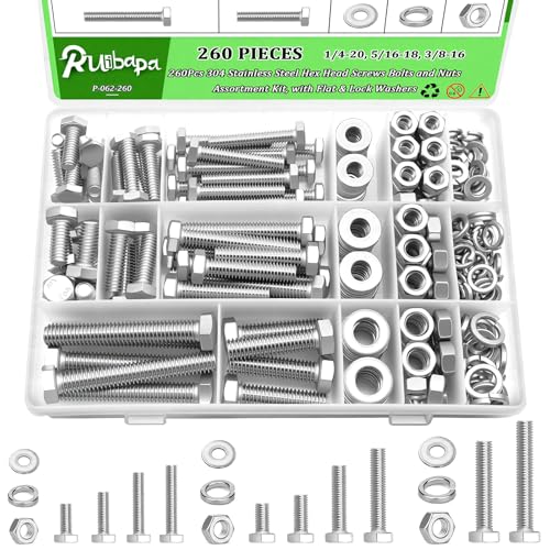 260Pcs Stainless Steel Hex Head Screws Bolts and Nuts Assortment Kit, with Flat & Lock Washers,1/4-20, 5/16-18, 3/8-16 Assorted Hex Bolts Nuts and Washers Set, 18-8(304) Full Thread with Case - color: Silver-hex, size: 260pcs Bolts Assortment Kit