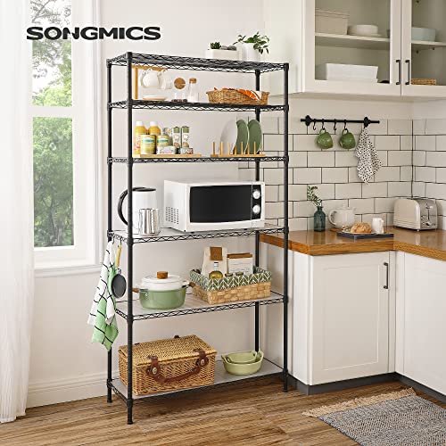 SONGMICS 6-Tier Storage Shelves, Adjustable Wire Shelving Unit, 8 Hooks - color: Ink Black, size: 6 Tiers (13.8"D x 35.4"W)