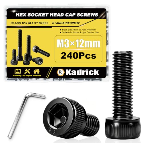 KADRICK 240PCS M3 x 12mm Hex Socket Head Cap Screws, M3-0.5 Fully Threaded - size: M3x12MM 240PCS