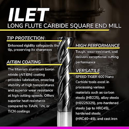 SPEED TIGER Micrograin Carbide Square Long Flute End Mill - 5/16" Diameter 1-1/4" Flute Length, 4" OVL, 4 Flutes - ILET (1 Piece, 5/16") - for Alloy Steels, Hardened Steel & Metal– Mill Bits Sets - size: 5/16 in