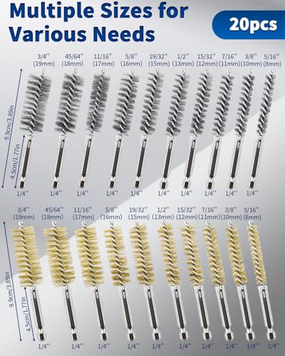 20 PCS Stainless Steel Wire Bore Brush for Drill, 5/16"-3/4" Wire Brush Bore Cleaning Brushs Set with 1/4" Hex Shank Twisted Wires Bristles for Rust and Tube Cleaning(8,10,11,12,13,15,16,17,18,19mm) - color: Silver+Gold