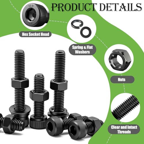 mxuteuk 888PCS Metric Screws Assortment,M4 M3 M2.5 M2 Screws Kit, Suitable for 3D Printing DIY, Grade 12.9 Alloy Steel Hex Socket Head Cap Bolts Nuts and Washers Kit, Black Zinc Plated - size: 888PCS M2-M4