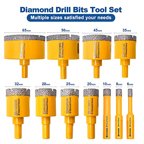 HIGHDRIL Multi Angle Measuring Ruler 5-Hole Drill Locator & Diamond Drill Bit Kit Triangle Shank for Porcelain Tile Ceramic Marble Brick Vacuum Brazed Hole Saw(6/8/10/20/25/28/32/35/45/50/65mm) - size: Shank Set3