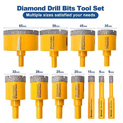 HIGHDRIL Multi Angle Measuring Ruler 5-Hole Drill Locator & Diamond Drill Bit Kit Triangle Shank for Porcelain Tile Ceramic Marble Brick Vacuum Brazed Hole Saw(6/8/10/20/25/28/32/35/45/50/65mm) - size: Shank Set3