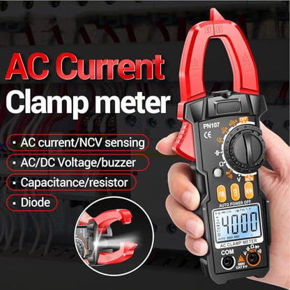 Digital Clamp Meter, 6000 Counts, T RMS Multimeter, Auto Ranging Voltmeter Ampmeter with AC DC Current Voltage, NCV Live Wire, Inrush, Diode, Temperature, Continuity