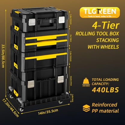 TLGREEN 4-Tier Stackable Rolling Tool Box with Wheels and Drawers