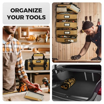 Roll Up Tool Bag, PVC Coated Tool Organizer with 4 Pockets & 2 Pouches - color: Khaki-RollUp
