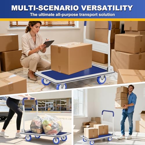 Foldable Push Cart Dolly | 330 lbs. Capacity | Heavy Duty Moving Platform Hand Truck with Swivel Wheels | Small Flatbed Cart | Space Saving Push Handle-b3 - color: Bluee-330 Lbs. Capacity
