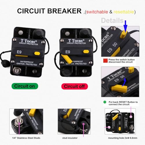 E9 1/4" Studs 40A Amp Circuit Breaker w/Manual Reset 12-72V DC UL - size: 40A