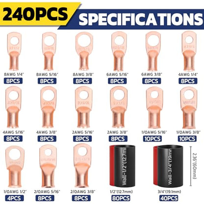 haisstronica 240PCS Battery Cable Lug & Heat Shrink Kit AWG 8/6/4/2/0/00 - color: Bare Copper, size: 240 PCS
