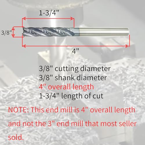 3/8" Carbide End Mill, Extra Long, 4" Overall Length, 4 Flute, AlTiN Coated - size: 3/8"*1-3/4"*4"