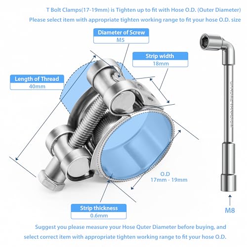 6 Pack 17-19mm (0.67-0.75") T-Bolt Hose Clamp, Stainless Steel_304 Intercooler Pipe Tube Clamps, Turbo Pipe Clamps, Heavy Duty Radiator Hose Clamp, T-bolt Intake Clamp - size: 0.67 - 0.75 inches